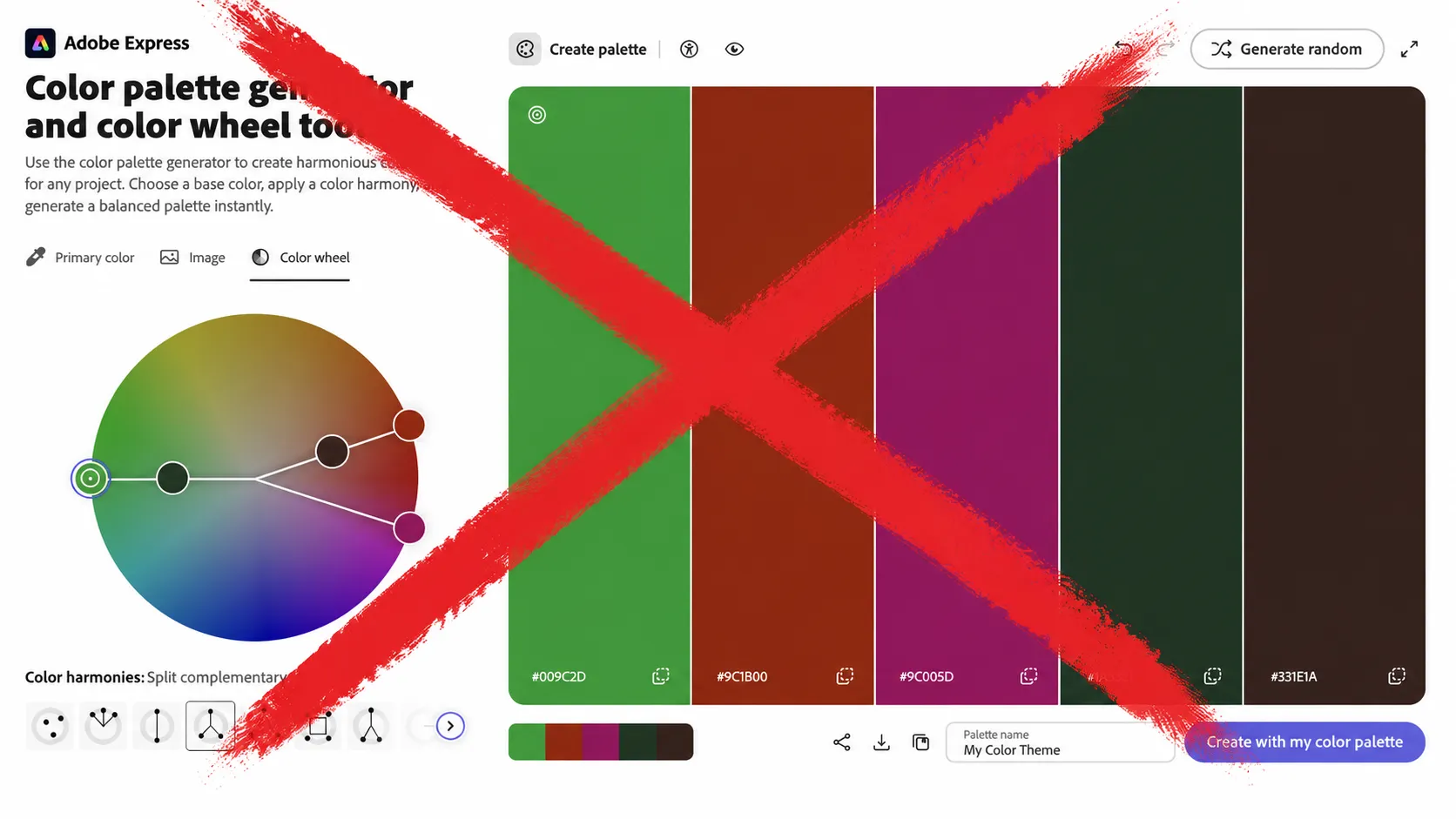 A red X drawn over Adobe Express's color palette generator and color wheel tool, its split-complementary color harmony locked to a fixed angle.