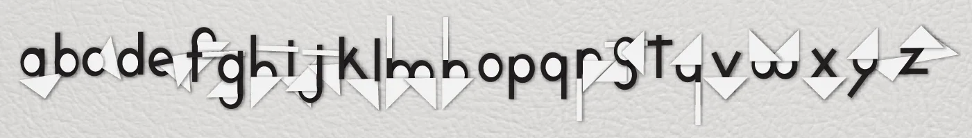 The complete Fridgeface alphabet spelled out in magnetic letterforms, showing every letter built from the same five modular shapes
