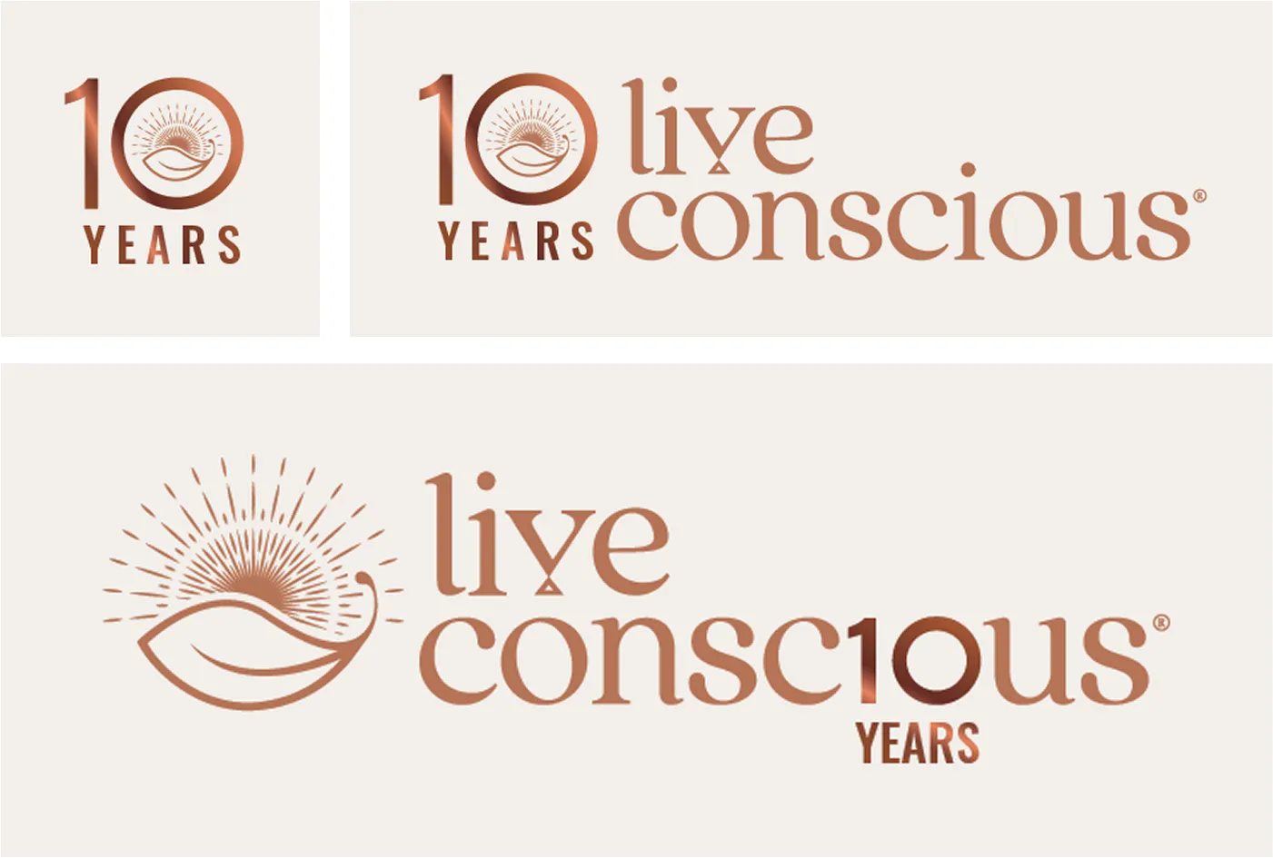 A set of Live Conscious 10-year anniversary logo lockups shown in various configurations
