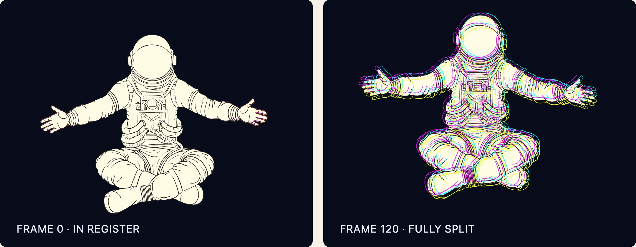 The cross-legged astronaut shown twice on a navy background: on the left its black line work is perfectly aligned, on the right the cyan, magenta and yellow outlines are fully separated from the black
