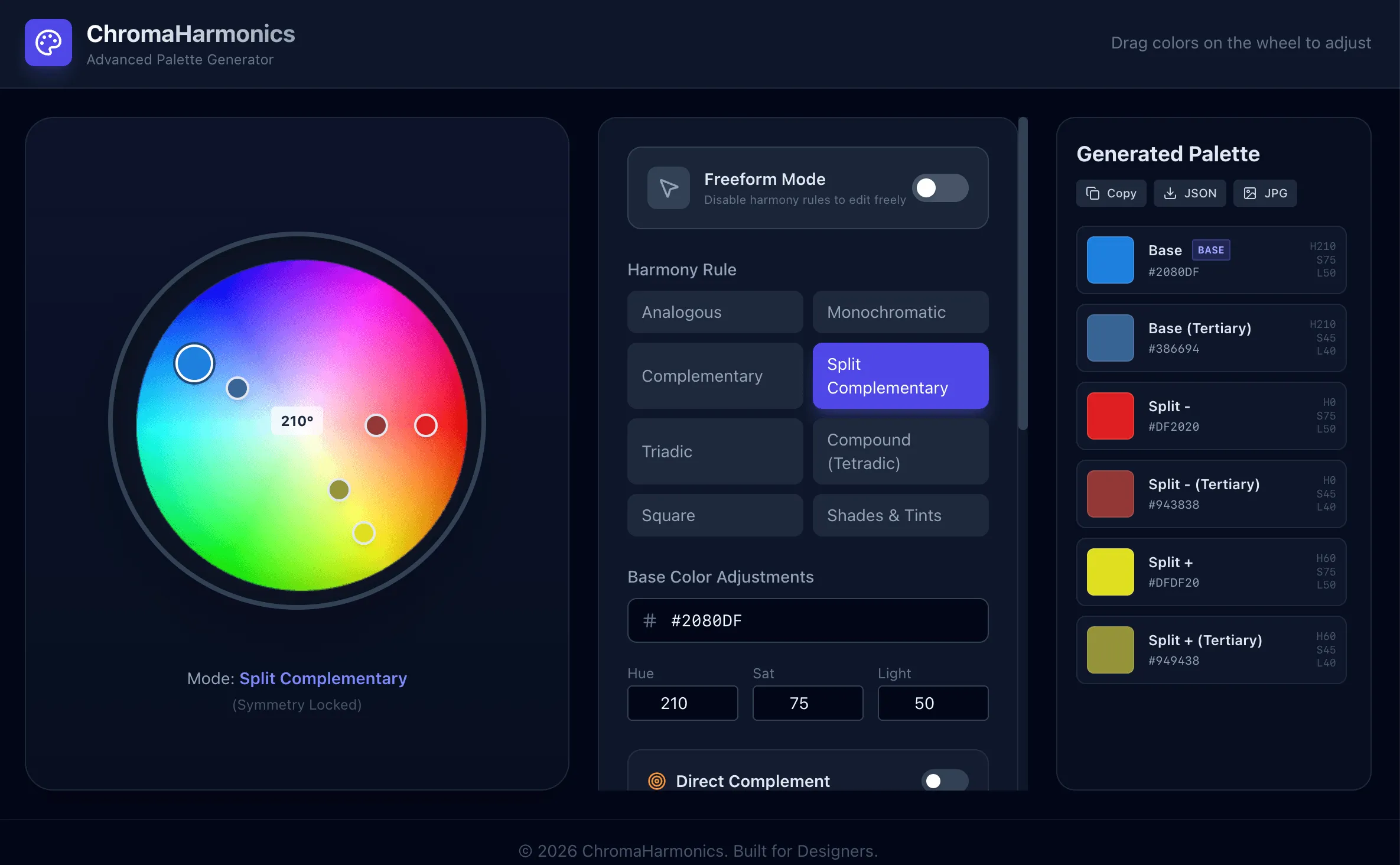 Screenshot of the custom ChromaHarmonics tool, showing a split-complementary color wheel with a free-moving angle control and the resulting generated palette.