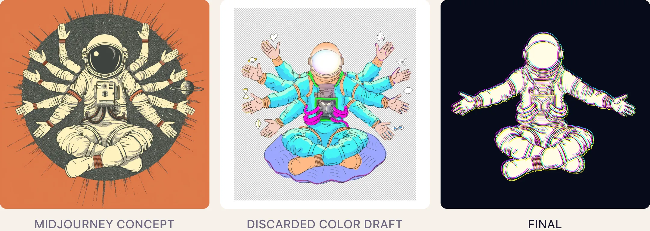 Three panels: a vintage-print Midjourney concept of an eight-armed astronaut in lotus pose on orange; a discarded color draft of the eight-armed astronaut in turquoise with a symbol beside each hand, seated on a purple cushion; and the final two-armed astronaut in off-white and black with cyan, magenta and yellow outlines on navy