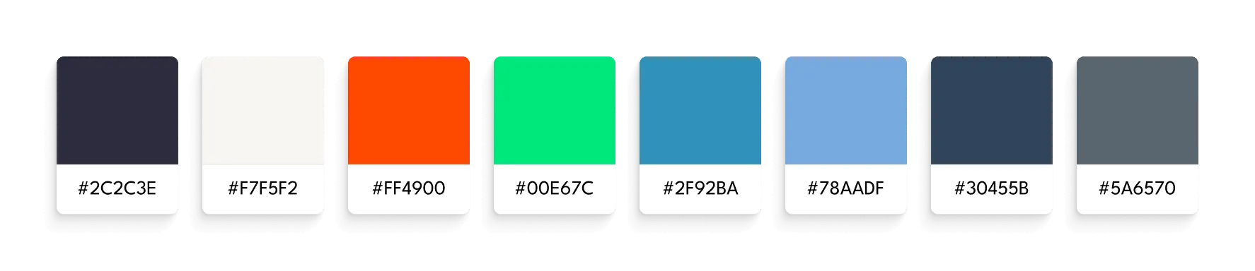 The final brand swatches — dark navy, cream, orange, green, teal, blue, slate blue, and gray — produced with the custom split-complement tool.
