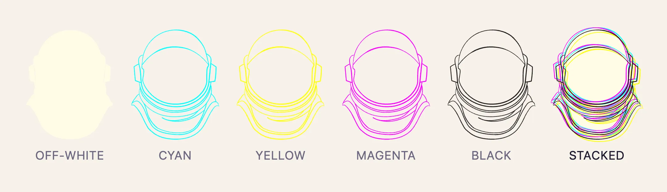 The astronaut's helmet shown as five separate layers side by side: an off-white fill, cyan lines, yellow lines, magenta lines and black lines, followed by all five stacked slightly out of register