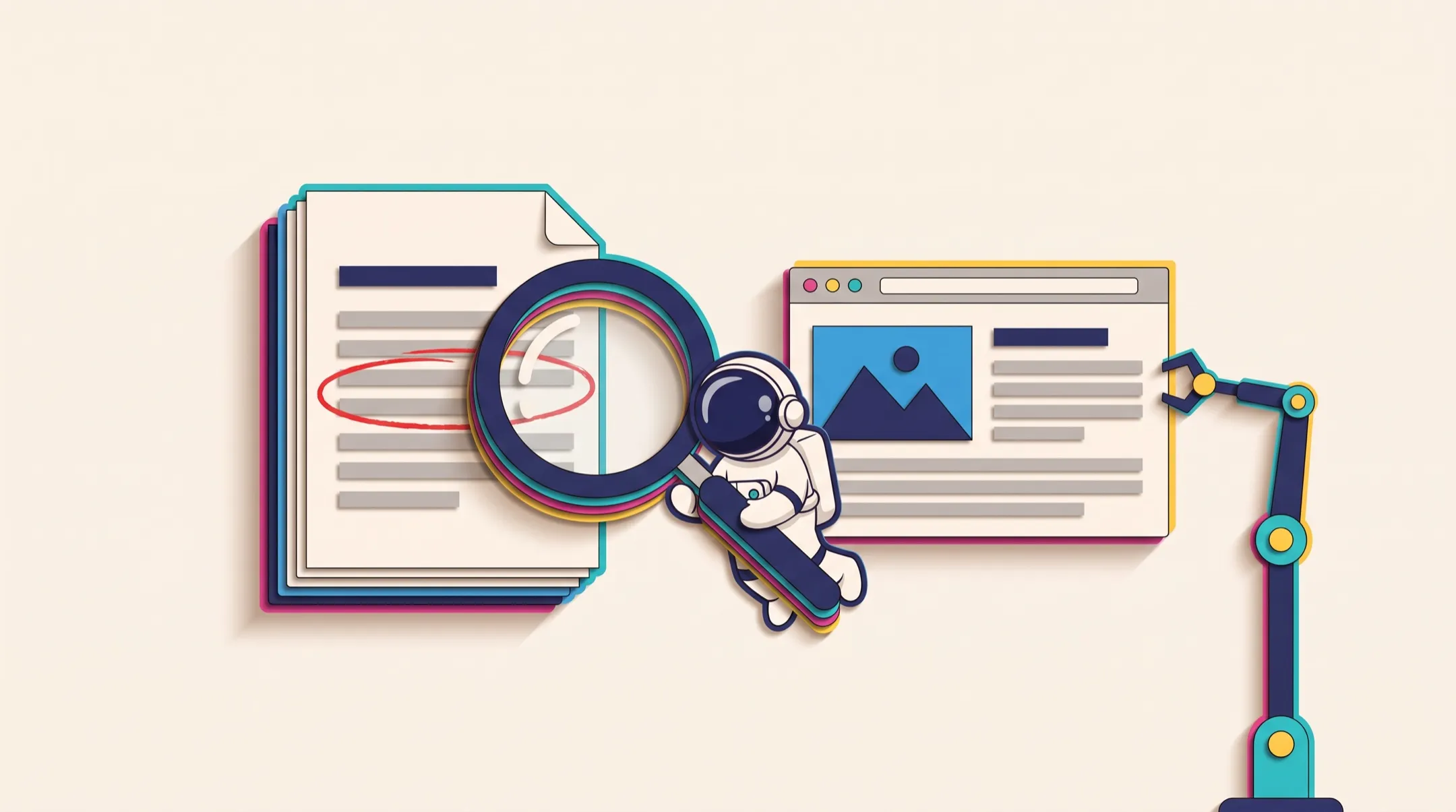 Paper-cut illustration on cream: a small astronaut holds a big magnifying glass between a paper document and a paper browser window, with one line on the document circled in red where it doesn't match; a robotic arm waits at the edge