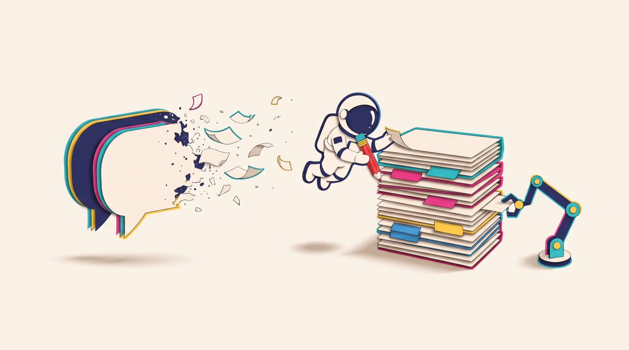Paper-cut illustration on cream: a paper chat bubble crumbles into drifting scraps while a small astronaut files a card into a tall stack of tabbed folders and a robotic arm pulls another card out to read it