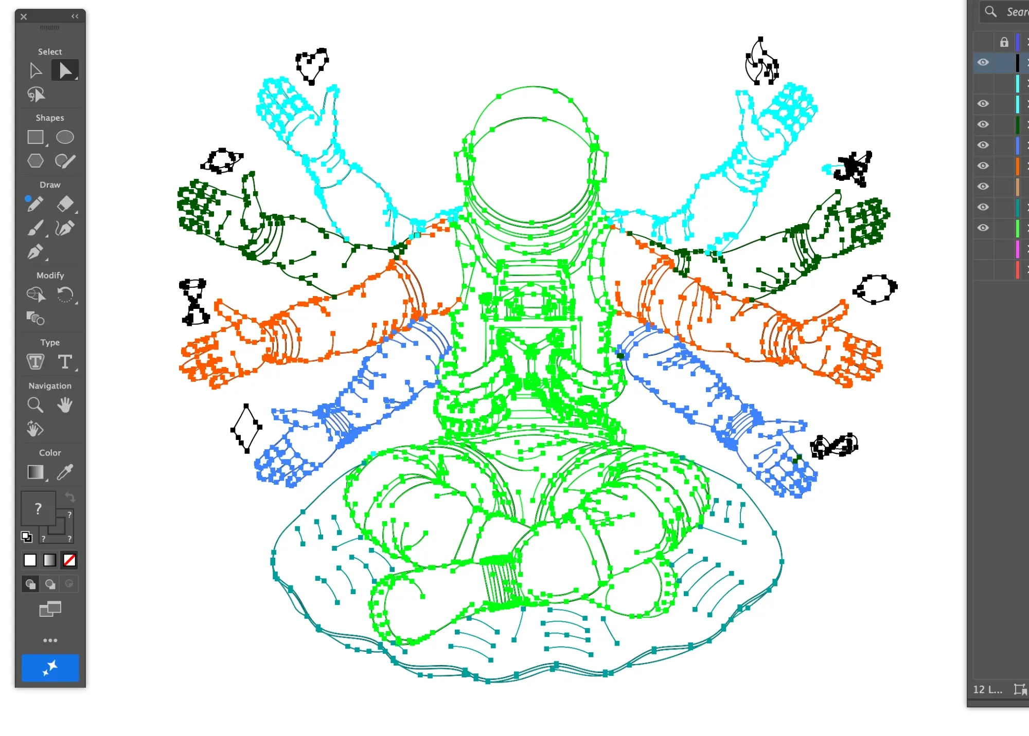 Adobe Illustrator in outline view showing the eight-armed astronaut drawn as vector paths, each pair of arms in a different bright color with every anchor point visible, and small symbols floating beside the hands