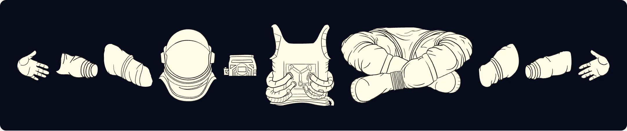 The astronaut's ten vector parts laid out in a single row on navy at their true relative sizes: left hand, left forearm, left upper arm, helmet, life support pack, torso, crossed legs, right upper arm, right forearm and right hand, each drawn as black line work over an off-white fill